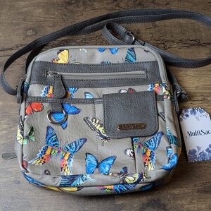 MultiSac Grey Butterfly Burst Zip Around Crossbody Bag, NWT